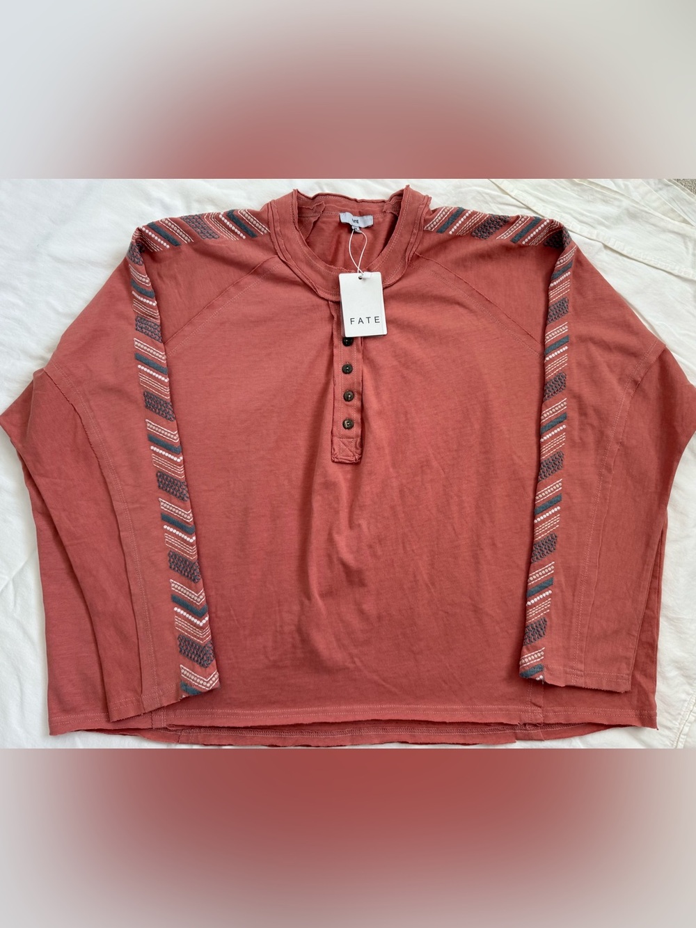 Fate Embroidered Henley Top Medium Boho Raw Hem Coral Pink